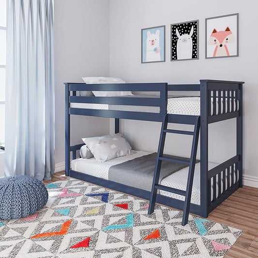 Max & Lily Twin Over Twin Low Bunk Bed with Ladder, Wooden Bunk beds with 14” Safety Guardrail for Kids,Toddlers, Boys, Girls, Teens, Bedroom Furniture, Blue