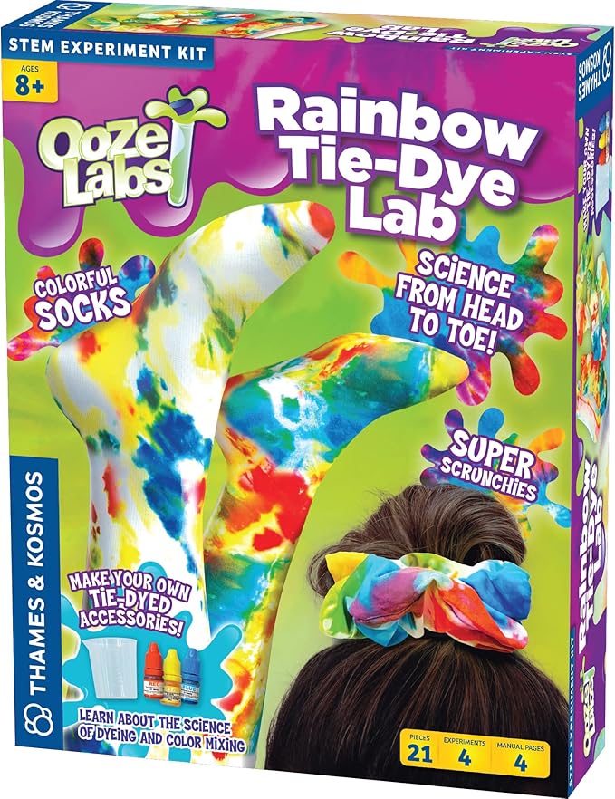 Thames & Kosmos Ooze Labs Rainbow Tie-Dye Lab STEM Experiment Activity Kit | Design & Make Your Own Tie-Dye Socks & Scrunchies | Explore The Science of Color Mixing & Dyeing | Great Party Activity