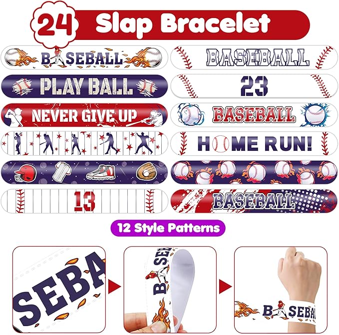 48PCS Baseball Party Favors - 24 Tattoos & 24 Slap Bracelets for Kids, Perfect for Sports-Themed Birthdays, School Prizes, and Classroom Rewards