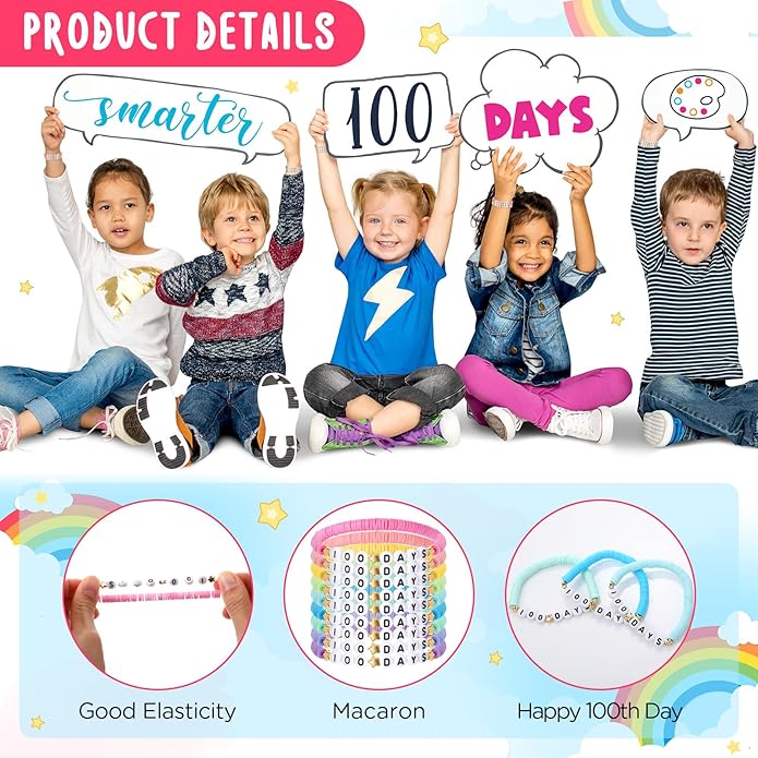 36 Pcs Happy 100th Day of School Bracelets Colorful Friendship Beads Bracelet for Boy Girl Kids Cute 100th Day Gifts Stretchy Acrylic Clay for School Supply Decor Student Rewards