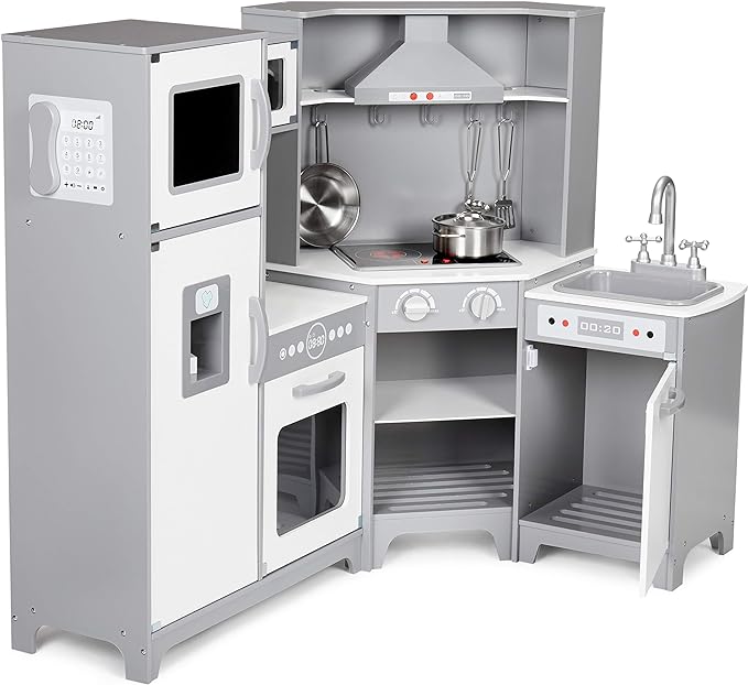 Amazon Basics Kids Corner Wooden Kitchen Toy Playset with Stove, Oven, Sink, Fridge and Accessories, for Toddlers, Preschoolers, Children Age 3+ Years, White & Gray, 39.37"L x 28.35"W x 35.04"H