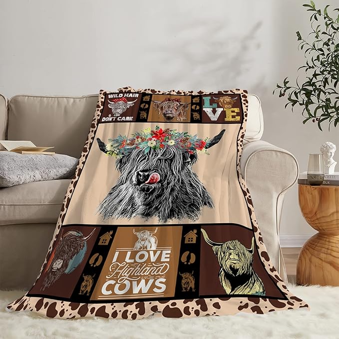 Highland Cow Throw Blanket Gifts for Women Adults Cattle Animal Print Ultra Soft Cozy Plush Fleece Warm Lightweight Living Room Couch Bed Dorm Chair Sofa Decor 40''X50''