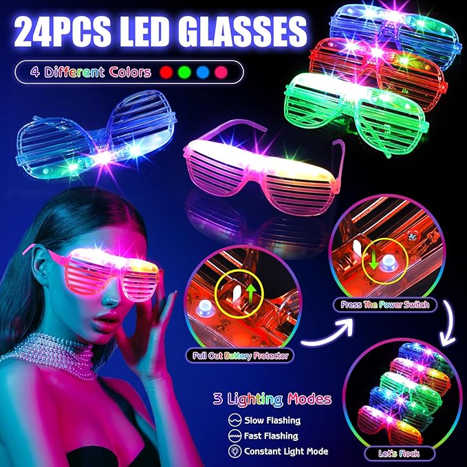 196PCS Glow in the Dark Party Supplies, Light Up Party Favors with 24 LED Glasses, 24 Fiber Optic Wands, 8 Hairbands, 40 Finger Lights,100 Glow Sticks for Kids Adults Neon Party Decorations