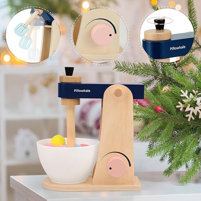 Kids Kitchen Playset, Wooden Toy Mixer with Toy Food, Toddler Baking Set Stand Mixer, Pretend Play Toy Blender for Boys and Girls Ages 3+