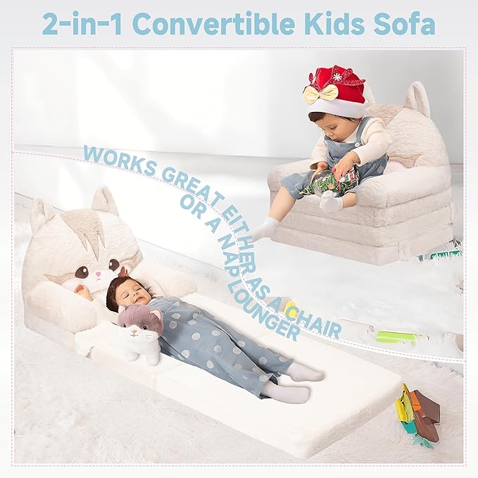 MONKISS 2-in-1 Toddler Couch Chairs Comfy, Kids Chair Couch, Mini Couch, Flip Out Sherpa Kids Sofa, Baby Couch, Chair for Toddlers 1-3, Kids Lounge Chair Reading Chair, Kids Couch Bed Fold Out, Cat