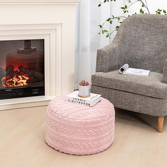 Pouf Ottoman Stuffed 20x20x12 Inches Floor Pouf Plush Fiber Ottoman Foot Rest Under Desk Foot Stool for Living Room Bedroom (Pink Pouf with Filler)