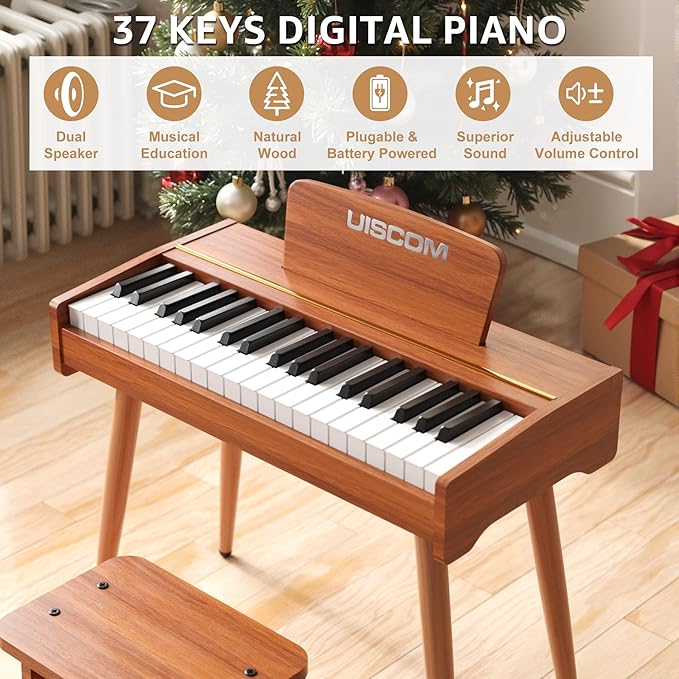 Kids Keyboard Piano, 37 Keys Digital Piano, Toddler Musical Instruments, Wooden Kids Piano with Bench, Toddler Piano for 3+ Girls and Boys, Brown