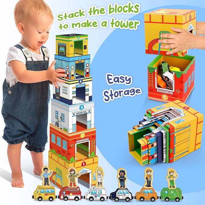 Aizweb Stacking Toys for Toddlers,Sorting Blocks Magnetic Wooden Cars Cardboard Vehicles Educational Preschool Kindergarten Learning Montessori Toys for 1 2 3 Year Old Boys Girls