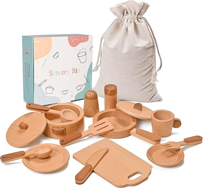 Play Kitchen Accessories Montessori Wooden Toys Kids Kitchen Toy Set Cookware Plates Dishes Pots Pans Cooking Playset 15 Pieces Sensory Toys for Toddlers Girls Boys with Storage Bag