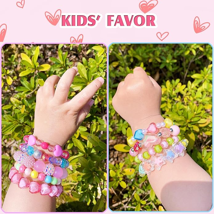 9 PCS Cute Kids Bracelets for Girls Pink LOVE Beaded Bracelets Little Girls Costume Jewelry Princess Party Favors Pretend Play Birthday Easter Christmas Valentines Toddler Jewelry