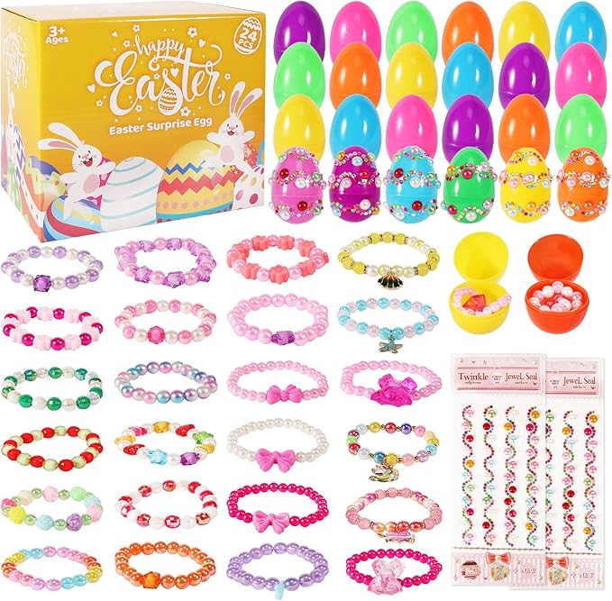 24 PCS Easter Eggs Prefilled with Bracelets, Easter Kids Basket Stuffer, Pre Plastic Easter Eggs Stuffers Easter Toys for Easter Eggs Hunt Game, Girls Easter Party Favor, Classroom Prize Supplies