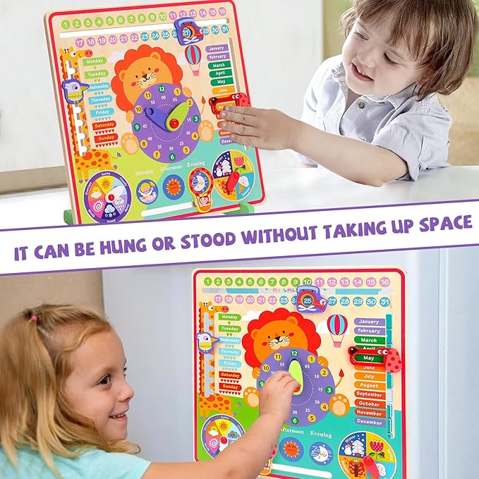 Montessori Toys for 4 Year Old,Wooden Calendar and Teaching Clock for Kids Learning Clock for Telling Time, Date, Days of The Months, Seasons and Weather-Educational Toys for Boys and Girls（7 in 1）