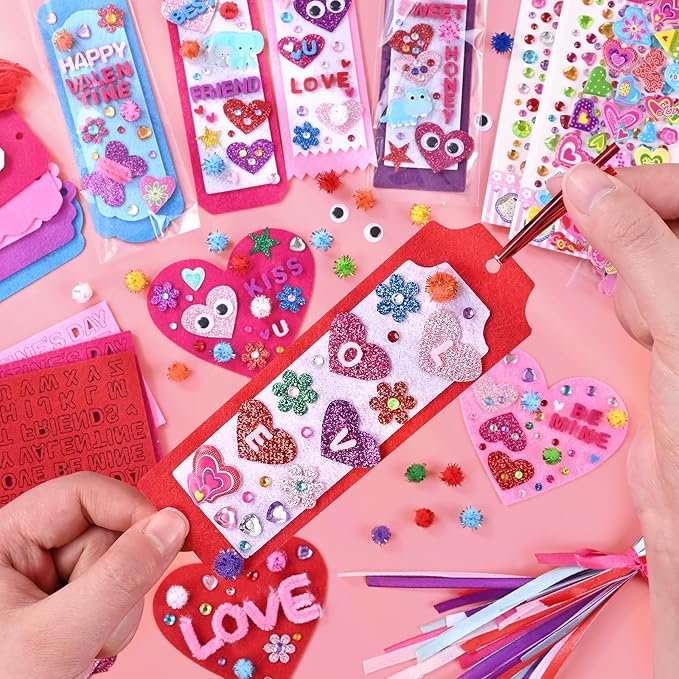 36 Sets Valentines Day Crafts for Kids, DIY Felt Valentine Bookmarks Kits with Googly Eyes Pom-poms Hearts Stickers, Valentines Craft Supplies for Kids Classroom Activity Party Favor Gift Exchange