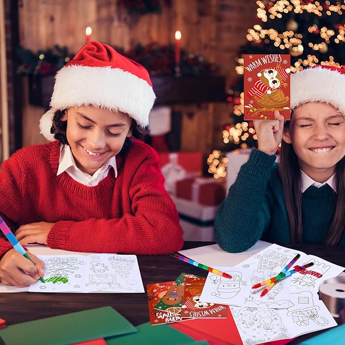 24 Pcs Christmas Coloring Book for Kids Bulk with 24 Crayons, Christmas Activity Books with Marker Xmas Stocking Goodie Bag Stuffers for Holiday Students Classroom Gifts Party Favors (Cute)