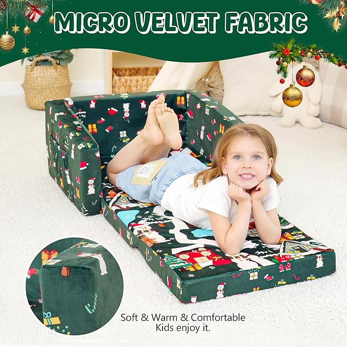MallBest 2-in-1 Kids Christmas Sofa, Comfy Toddler Couch Bed, Baby's Upholstered Chair Sleepover Kid Couch Flipout Open Recliner for Bedroom