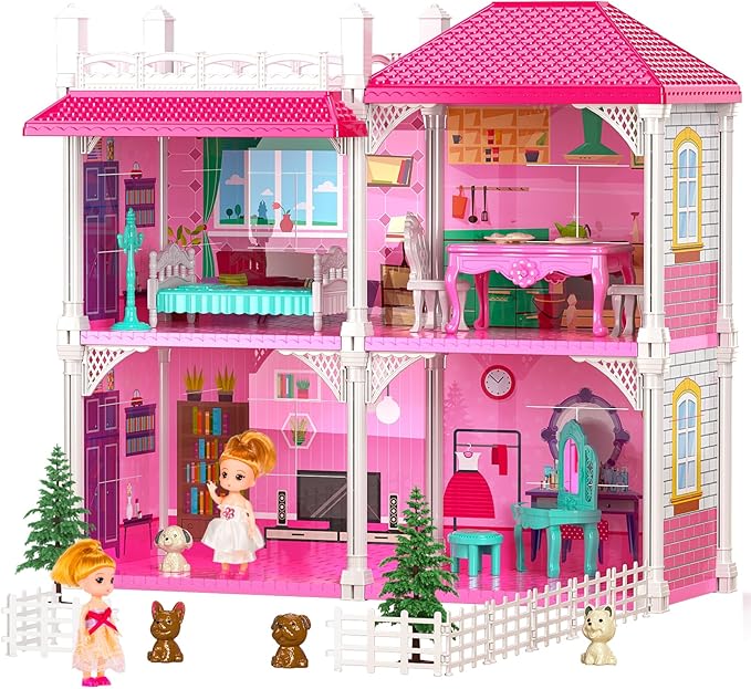 TEMI Villa Toys for 3-8 Years Old Girls - 2 Storeys 4 Rooms Indoor Playset with 2 Dolls, Furniture and Accessories, Pretend Girls Plays, Building Toys, Gifts for Kids 3-5