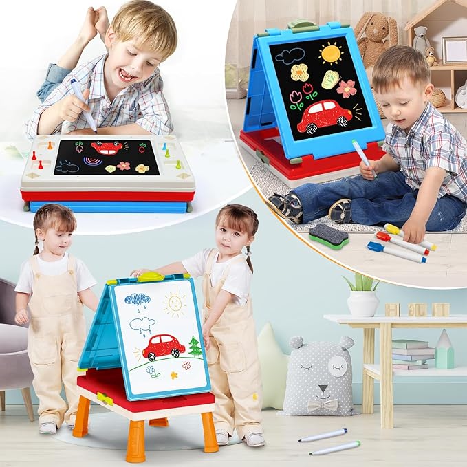 Kids Art Easel Toys, Foldable Double Sided Tabletop Art Easel, Chalk Board and White Board with Painting Accessories, Birthday Gift for Toddlers, Boys and Girls