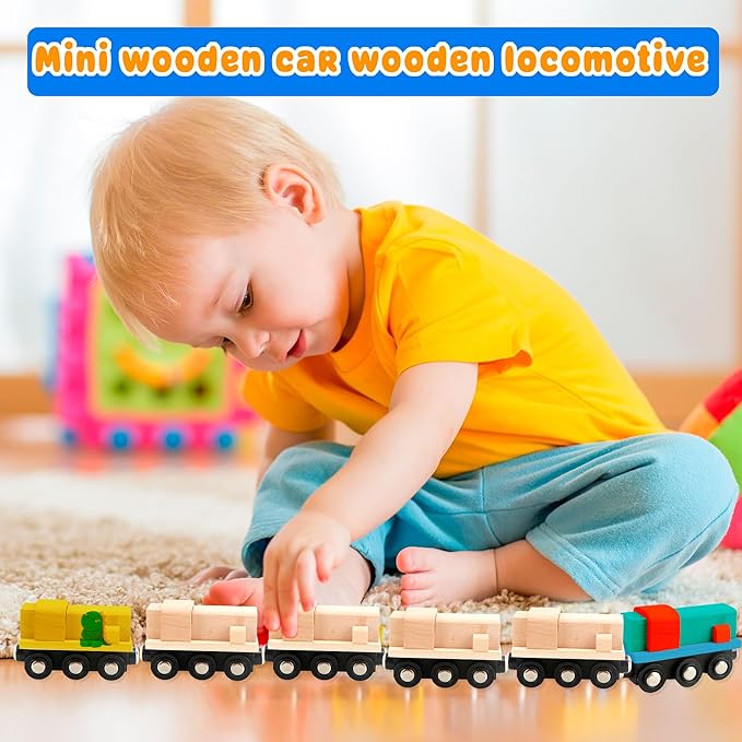 12 Pcs Wooden Trains Toys Unpainted Wood Train Cars Weak Magnetic Suction Paintable Wooden Railway for Kids Educational Toys Birthday Christmas Party Gifts (Style Set 2)