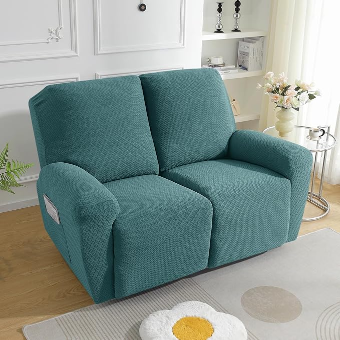 JIVINER 6-Piece Loveseat Recliner Slipcover Stretch Jacquard Recliner Sofa Cover 2 Seater Washable Reclining Couch Cover with Pocket Fitted Furniture Protector Cover (Loveseat Recliner, Peacock Blue)