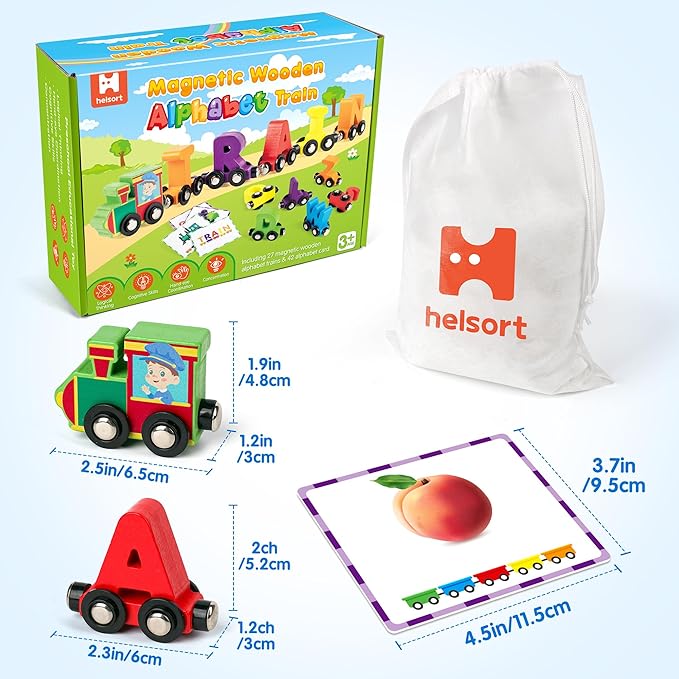 27 PCS Magnetic Wooden Alphabet Train Set, ABC Learning Toy with 42 Flash Cards, 1 Engine and Storage Bag, Educational Letter Toy Trains for Toddlers, Boys Girls, Ideal Gift for 3-7 Year Olds