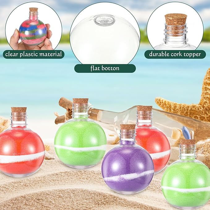 65 Pcs Plastic Sand Art Bottles with Corks Include 20pcs 3.4oz Sand Art Bottles, 40 Colored Art Sand, 5 Plastic Funnels Plastic Clear Containers for Sand Art Fun Arts Crafts Supplies (Round)