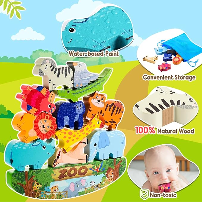 Animals Montessori Toddler Toys 2 3 4 5 6 7 Year Old Boys Girls Wooden Animal Blocks Stacking Toy Kids Easter Birthday Gifts for Boy Girl Age 3-7 Educational Toys Fine Motor Balance Game