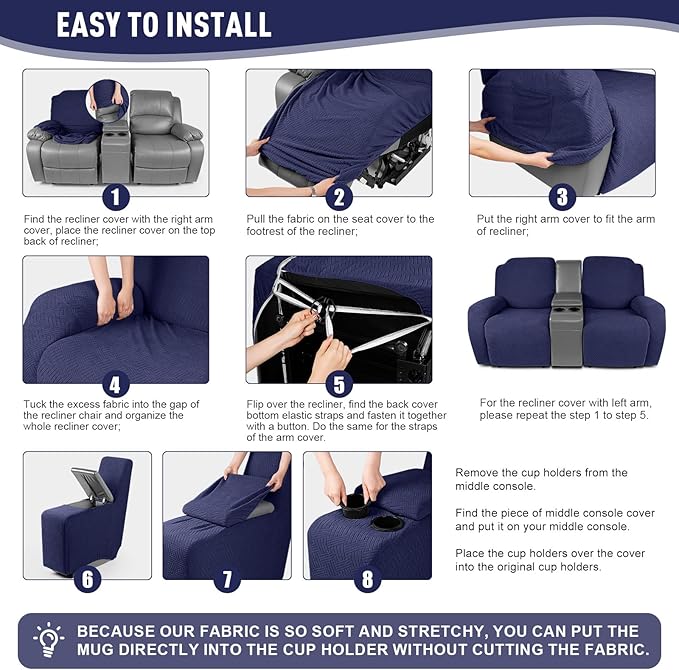 KinCam Loveseat Recliner Covers with Middle Console Slipcover, Recliner Sofa Covers 2 Seat Couch Cover Stripe Jacquard Furniture Protector Covers with Elastic Bottom for Kids, Pets (Dark Blue)