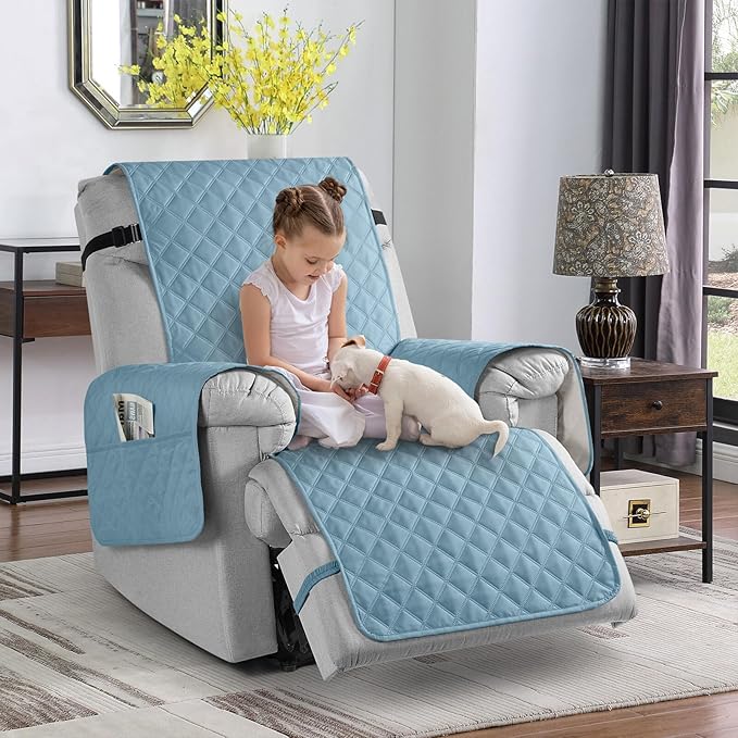 TAOCOCO Waterproof Recliner Chair Cover Sofa Slipcover, Pet Cover for Small Recliner Chair with Elastic Straps, Washable Reclining Chair Cover Recliner Furniture Protector (23'' Small, Sky Blue)