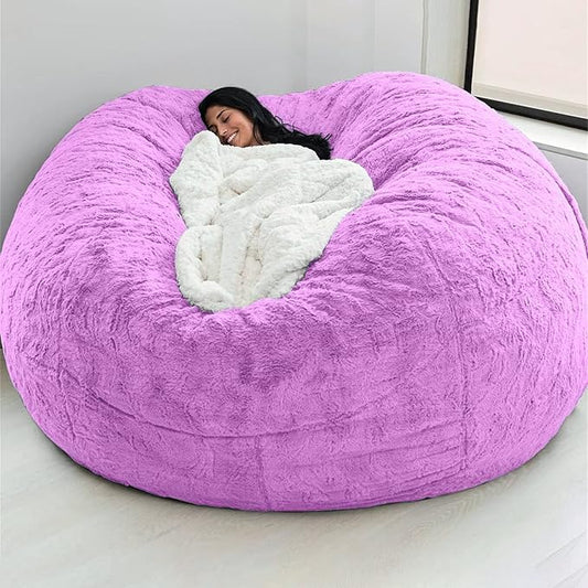 Giant Fur Bean Bag Chair Cover for Kids Adults, (No Filler) Living Room Furniture Big Round Soft Fluffy Faux Fur Beanbag Lazy Sofa Bed Cover (Purple, 5FT)