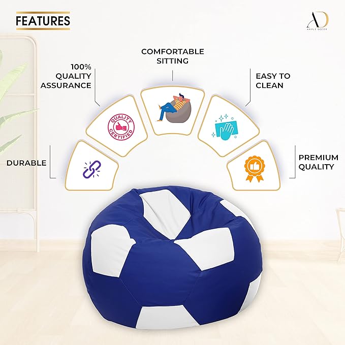 Ample Decor Soccer Bean Bag Cover (Filler Not Included), Leatherette Durable Double Stitched Material Sturdy Zippers, Ideal for Children and Teenagers - White and Blue