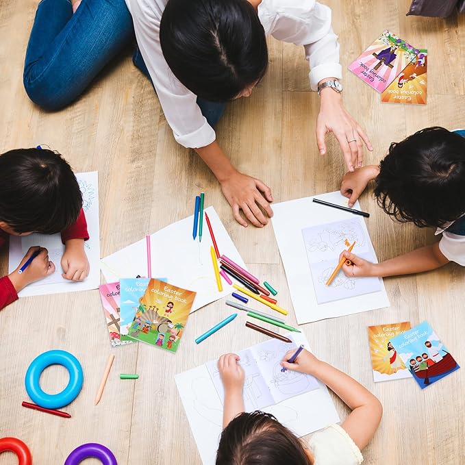 24 Pcs Easter Coloring Books Bulk Kids Religions Mini Color Booklets DIY Art Drawing Christian Bible Easter Party Favors Gifts for Boys Girls School Classroom Stuffer Activity Decorations