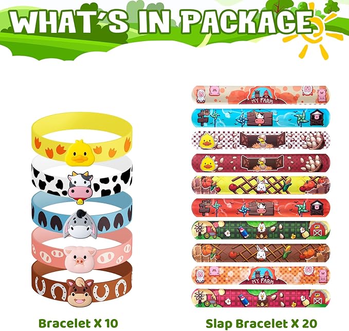 30 PCS Farm Animal Party Favors 10 Silicone Wristbands 20 Slap Bracelets Themed Birthdays Party Supplies Decorations Decor Cow Barn Animals Sheep Pig Horse Tractor Pattern Girls Boys Gifts