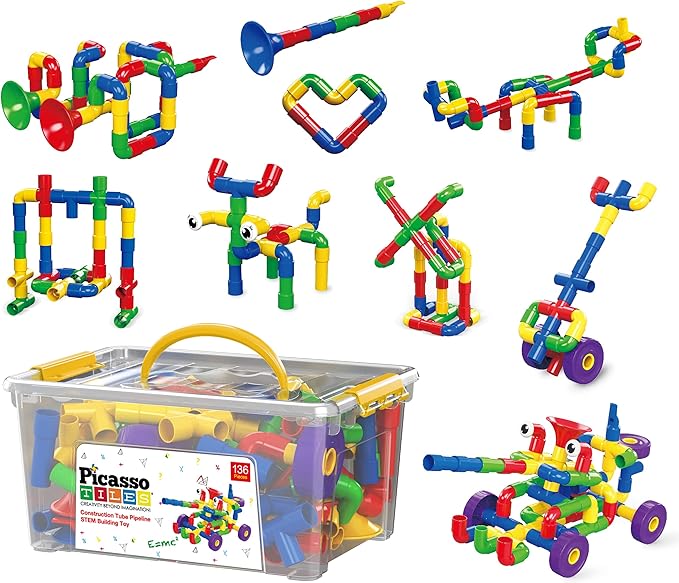 PicassoTiles PTT136 136pcs Tubular Pipes & Spout STEAM Interlocking Educational Building Block Set, Tube Locks, Pipeworks Construction Blocks w/Storage Container Box, Idea Book, Flute Musical Kit