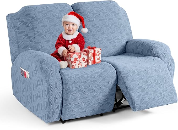 TAOCOCO Recliner Loveseat Cover, Stretch Jacquard Reclining Loveseat Cover Furniture Protector Sofa Slipcovers 2 Seat Recliner Covers with Elastic Bottom for Kids, Pets (Light Blue)