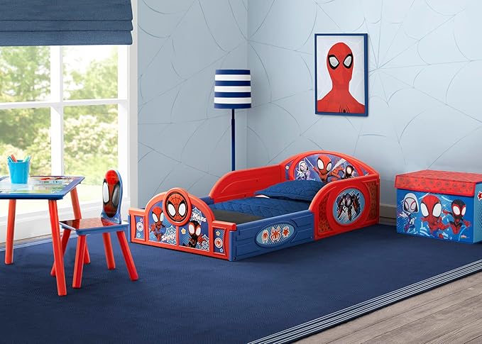 Delta Children - Marvel Spidey and His Amazing Friends 4-Piece Toddler Room-in-a-Box Set – Includes Sleep and Play Toddler Bed, Table, 1 Chair and Fabric Toy Box, Blue/Red