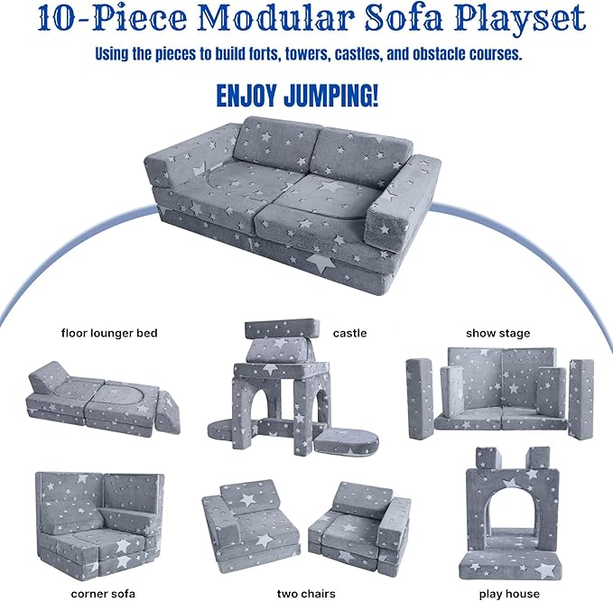 MeMoreCool Kids Couch, 10 Piece Modular Play Couch for Playroom, Fold Out Glow Star Toddler Bed, Foam Building Sofa for Boys and Girls