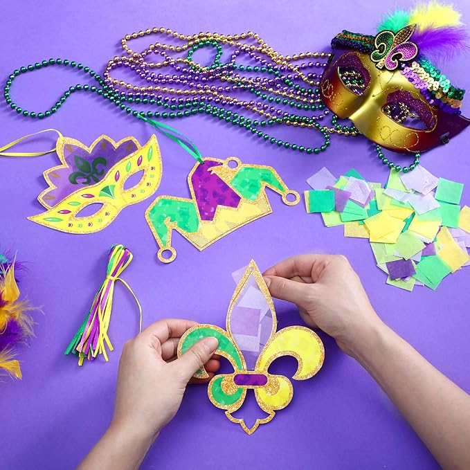 24 Sets Mardi Gras Craft Kits Tissue Paper DIY Crown Mask Fleur De Lis Hanging Ornaments Purple Green Yellow Glitter Art Decoration for Mardi Gras Masquerade Carnival Party Decoration