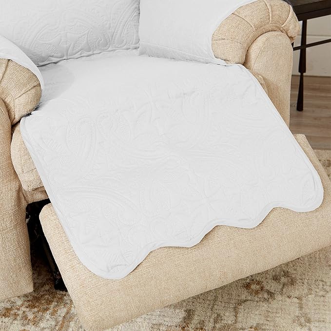 Great Bay Home Medallion Stitched Solid Furniture Protector Stain Resistant Durable Furniture Protector Elenor Collection (Recliner, White/Sand)