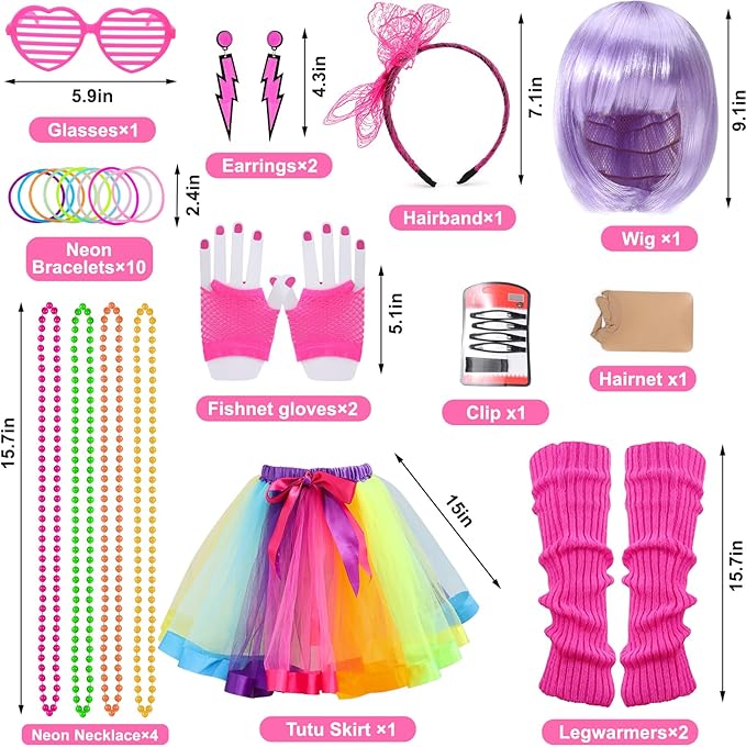 27pcs Kids 80s Outfit Costume Girls 80s Wig Legwarmers Shirt Dress Glasses Earrings Accessories Halloween Party Supplies