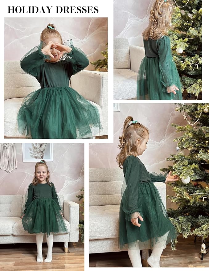 Arshiner Toddler Christmas Dress Girls Sequin Tulle Puff Long Sleeves Tutu Dress Princess Birthday Party Clothes 1-6T