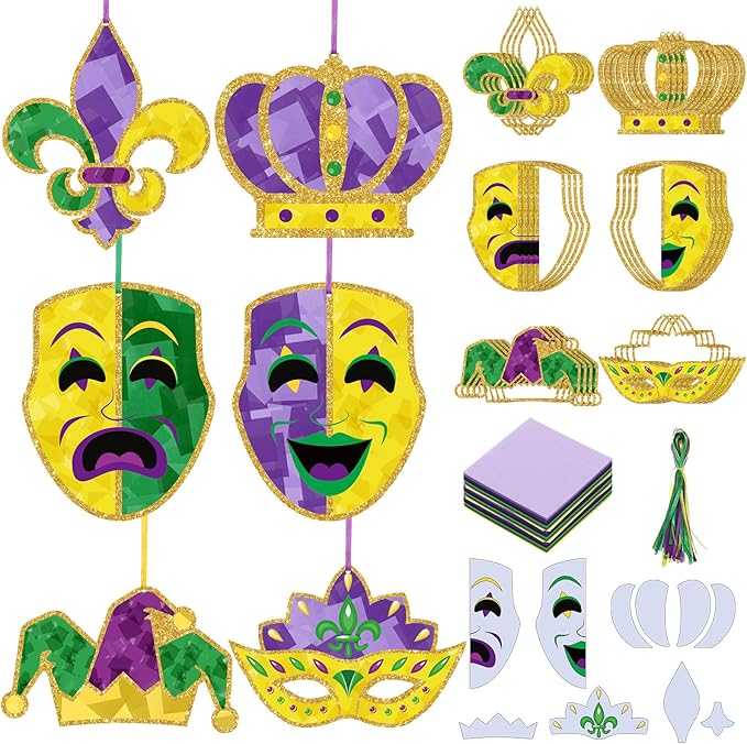 24 Sets Mardi Gras Craft Kits Tissue Paper DIY Crown Mask Fleur De Lis Hanging Ornaments Purple Green Yellow Glitter Art Decoration for Mardi Gras Masquerade Carnival Party Decoration