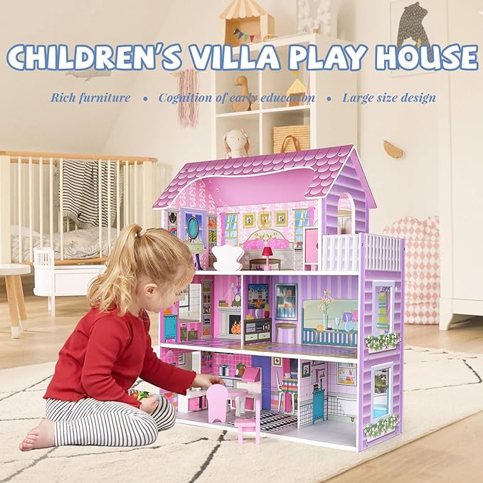 Wooden Dollhouse for Girls, 3-Story Doll House Playset with Furniture & Accessories, Large DIY Wooden Dream House for Kids, Pretend Play Dollhouse Kit, for Toddlers & Girls