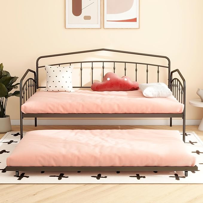 Christopher Knight Home Fox Twin Daybed with Trundle, Metal Sofa Bed Set, Rollaway Daybed Couch Bed Frame for Bedroom Living Room Guest Room, Elegant and Simple Style, Anti-Noise, Easy Assembly, Black