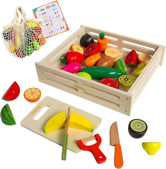 37 Pcs MINI MINDS Wooden Play Food, Shopping Bag & List. Magnetic Toddler Cutting Set, Play Food Sets for Kids Kitchen, Pretend Play Toys, Play Kitchen Toys, Montessori Toys