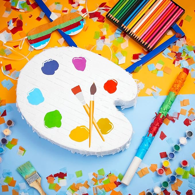 15.7 Inch Art Palette Piñata Small Paint Art Piñata with Piñata Stick Confetti Blindfold for Boys Girls Birthday Party Art Painting Party Favors Classroom Prizes Stocking Stuffers Paint Party Supplies