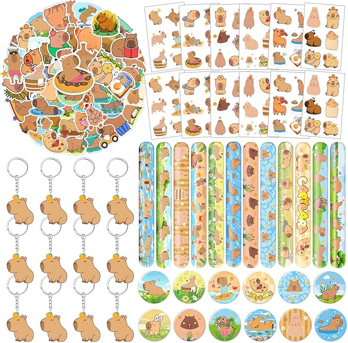 98 PCS Capybara Party Favors, Capybara Temporary Tattoos, Slap Bracelets, Keychains, Stickers, and Badges for Kids Capybara Birthday Party Decorations and Classroom Rewards