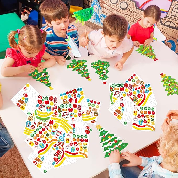 48Pcs DIY Christmas Tree Craft Kit for Kids, Holiday Art Making Craft with Stickers, Make Your Own Christmas Bookmark Xmas Party Favor Decorations Classroom Home Game Activities (Christmas Tree)