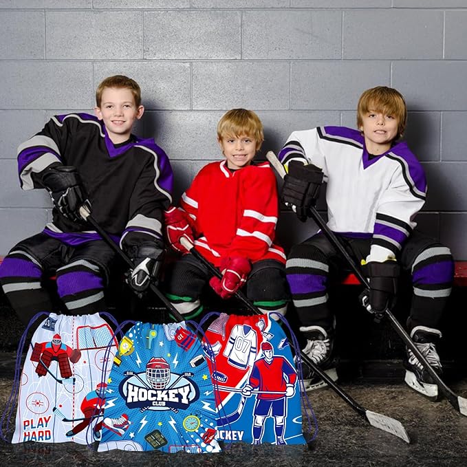 36 PCS Hockey Party Favors Set Include 12 Hockey Drawstring Bag, 12 Hockey Silicone Bracelet, 12 Hockey Motivational Keychain for Ice Hockey Sports Party Birthday Gift Supplies