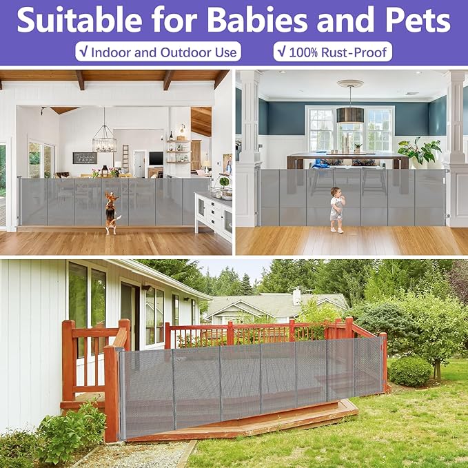 42" Tall X 120" Wide Retractable Baby Gates Extra Wide Dog Gate Keeps Pets from Getting Under Tall Baby Gate, Indoor/Outdoor Pet Gate for Cats, Extra Long Baby Gate Tall Dog Gates for Doorways, Gray