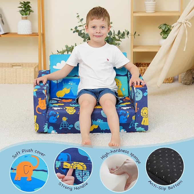 MallBest Kids Sofas Children's Sofa Bed Baby's Upholstered Couch Sleepover Chair Flipout Open Recliner（Blue）